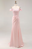 Pink Off the Shoulder Drape Long Prom Dress with Appliques