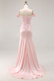 Pink Off the Shoulder Drape Long Prom Dress with Appliques