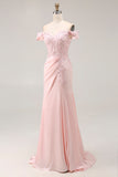 Pink Off the Shoulder Drape Long Prom Dress with Appliques