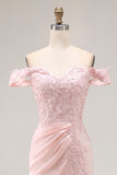 Pink Off the Shoulder Drape Long Prom Dress with Appliques
