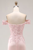 Pink Off the Shoulder Drape Long Prom Dress with Appliques