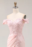 Pink Off the Shoulder Drape Long Prom Dress with Appliques