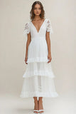 White Chiffon Tiered A Line Long Rehearsal Dinner Dress with Lace Sleeves