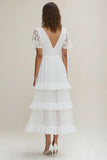 White Chiffon Tiered A Line Long Rehearsal Dinner Dress with Lace Sleeves