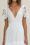 White Chiffon Tiered A Line Long Rehearsal Dinner Dress with Lace Sleeves