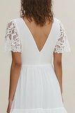 White Chiffon Tiered A Line Long Rehearsal Dinner Dress with Lace Sleeves