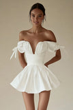 Off the Shoulder Ruched A Line Mini Little White Dress