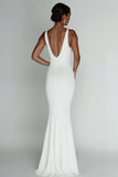 White Sheath Deep V-Neck Sleeveless Long Rehearsal Dinner Dress
