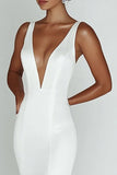 White Sheath Deep V-Neck Sleeveless Long Rehearsal Dinner Dress