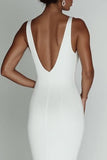 White Sheath Deep V-Neck Sleeveless Long Rehearsal Dinner Dress
