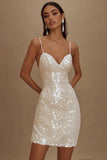 Sparkly Sequined Bodycon Spaghetti Straps Little White Dress