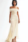 Ivory Sheath Off the Shoulder Ruched Long Rehearsal Dinner Dress