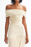 Ivory Sheath Off the Shoulder Ruched Long Rehearsal Dinner Dress