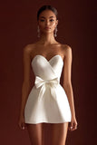 Satin Mini A Line Strapless Sweetheart Little White Dress with Bow