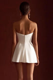 Satin Mini A Line Strapless Sweetheart Little White Dress with Bow