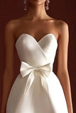Satin Mini A Line Strapless Sweetheart Little White Dress with Bow