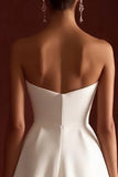Satin Mini A Line Strapless Sweetheart Little White Dress with Bow
