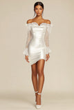Satin Off the Shoulder Bodycon Little White Dress with Lace Sleeves