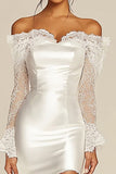 Satin Off the Shoulder Bodycon Little White Dress with Lace Sleeves