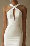 White Mermaid Keyhole Maxi Rehearsal Dinner Dress with Slit