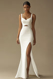 White Sweetheart Mermaid Backless Long Rehearsal Dinner Dress with Slit