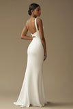 White Sweetheart Mermaid Backless Long Rehearsal Dinner Dress with Slit