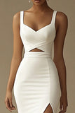 White Sweetheart Mermaid Backless Long Rehearsal Dinner Dress with Slit
