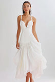 White A Line Chiffon Ruffled Long Rehearsal Dinner Dress