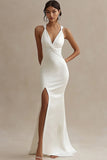 White Satin Mermaid V Neck Long Rehearsal Dinner Dress with Slit