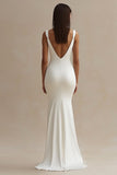 White Satin Mermaid V Neck Long Rehearsal Dinner Dress with Slit