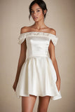 Satin Mini Off the Shoulder A Line Little White Dress
