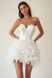 Satin Strapless Sweetheart Satin A Line Little White Dress with Ruffles