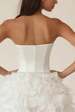 Satin Strapless Sweetheart Satin A Line Little White Dress with Ruffles