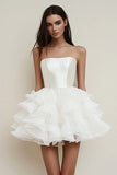 Satin Ruffled Strapless A Line Mini Little White Dress