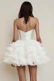Satin Ruffled Strapless A Line Mini Little White Dress