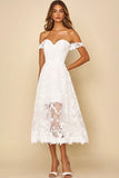 Off the Shoulder White A Line Lace Long Rehearsal Dinner Dress