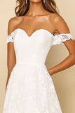 Off the Shoulder White A Line Lace Long Rehearsal Dinner Dress