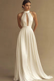 White Halter A Line Satin Keyhole Long Rehearsal Dinner Dress