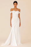 White Pleated Sheath Off the Shoulder Long Rehearsal Dinner Dress