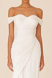 White Pleated Sheath Off the Shoulder Long Rehearsal Dinner Dress