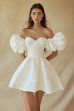 Satin A Line Strapless Little White Dress with Puff Sleeves