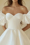 Satin A Line Strapless Little White Dress with Puff Sleeves