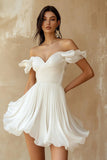 Chiffon Pleated A Line Off the Shoulder Mini Little White Dress with Ruffles
