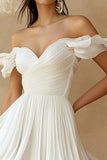 Chiffon Pleated A Line Off the Shoulder Mini Little White Dress with Ruffles