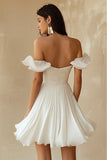 Chiffon Pleated A Line Off the Shoulder Mini Little White Dress with Ruffles