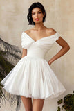 Chiffon V Neck Pleated A Line Mini Little White Dress