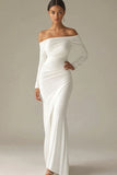 White Chiffon Off the Shoulder Sheath Long Sleeves Rehearsal Dinner Dress