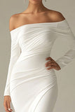 White Chiffon Off the Shoulder Sheath Long Sleeves Rehearsal Dinner Dress