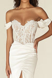 White Mermaid Satin Sweetheart Long Rehearsal Dinner Dress with Slit