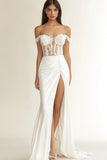 White Sheath Satin Appliqued Long Rehearsal Dinner Dress with Slit